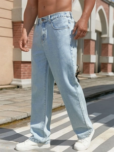 Men's light blue straight-leg denim jeans in a relaxed fit with street style design