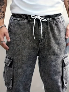 Men's loose multi-pocket dark gray acid wash cargo jeans with drawstring elastic waist