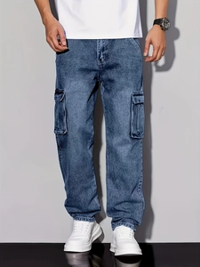 Jean cargo vintage pour homme bleu moyen avec coupe droite et poches latérales à rabat
