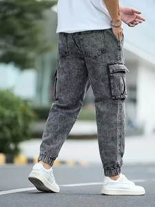 Men's loose fit acid wash cargo denim pants with multi-pockets and elastic cuffs