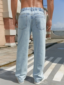 Men's loose light blue straight jeans with elastic high waist and wide leg design