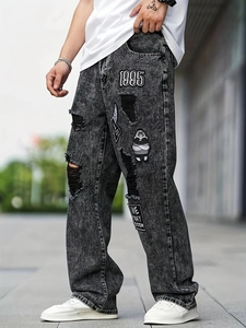 Men's grey distressed straight jeans with 1995 embroidery and street style patches