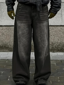Men's loose wide-leg jeans in dark gray washed denim with distressed vintage details