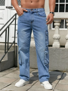 Men's loose straight leg cargo jeans in light blue wash with multiple side utility pockets
