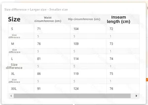 Size chart for baggy cargo jeans showing waist, hip, and inseam measurements from S to XXL