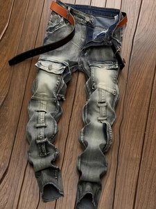 Men's high street wash mud yellow straight jeans with 3D pleated design and cargo pockets
