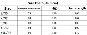 Size guide table for men's fashion jeans showing waist, hip, and length in cm