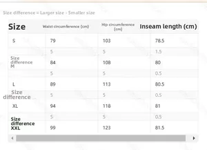 Detailed size chart for men's fashion denim jeans showing waist and hip measurements