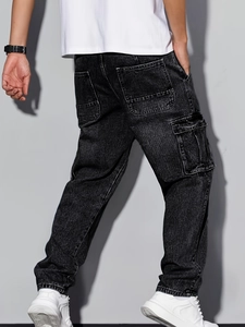 Jean cargo rétro gris foncé pour hommes avec poches multiples et coupe droite tendance