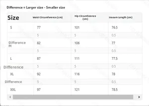 Size chart table for men wide leg jeans showing waist and hip measurements in cm