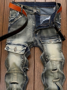 Men's loose wash mud yellow straight jeans with multi-pockets and vintage belt