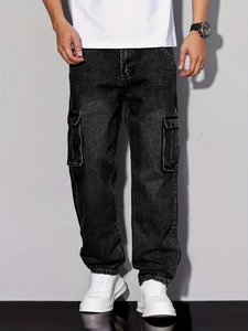 Jean cargo rétro pour homme, coupe droite décontractée, gris foncé à poches
