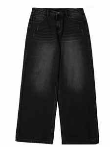 Men's fashion straight leg denim jeans in washed black gray color with high waist fit