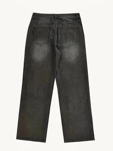 Men's European style dark grey straight leg denim jeans with washed effect back view