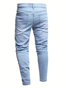 Slim fit light blue denim jeans for men showing back pocket details and stitching