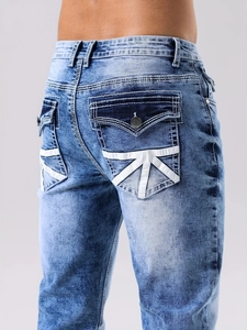 Classic slim-fit washed blue denim jeans for men with unique striped back pocket detail