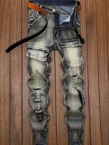 Men's American high street mud yellow straight-leg cargo jeans with stacked wave-cut design