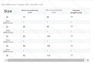 Detailed size chart for distressed embroidered jeans showing waist and hip measurements