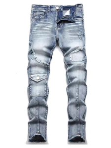 Slim fit light blue distressed denim jeans with cargo pocket and vintage wash details
