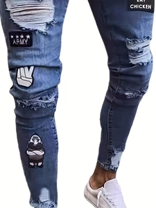 Slim fit light blue distressed jeans with army embroidery patches and knee holes