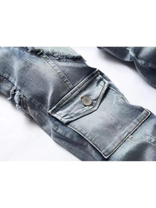 Men's retro slim fit distressed blue denim biker jeans with cargo pockets and frayed edges