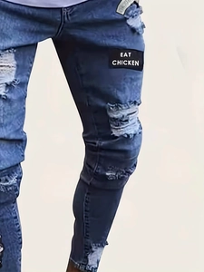 Slim fit ripped jeans for men in dark blue wash with embroidery and knee distressing