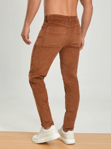 Men's caramel brown corduroy casual pants with classic five-pocket design and slim fit