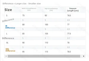 Size chart for men's corduroy trousers showing waist and hip measurements in cm