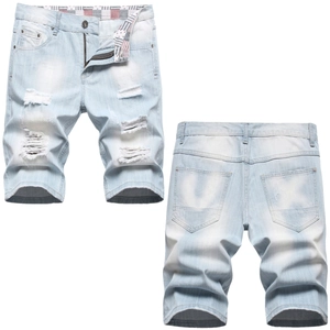 Men Fashion Ripped Denim Shorts Light Blue Washed Cotton Thin Summer Straight Leg Mid Waist Casual Streetwear Short Jeans