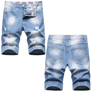 Short en Jean Homme Bleu Clair Déchiré Streetwear Décontracté Été Mélange de Coton Taille Moyenne Short en Jean pour Homme