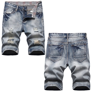 Men's Distressed Ripped Denim Shorts Vintage Light Blue Slim Fit Cotton Blend Washed Five-Point Streetwear Jean Shorts
