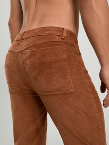 Men's brown corduroy trousers with back pockets and high-quality ribbed fabric texture