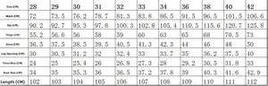 Detailed size chart for men's slim fit snakeskin jeans with precise measurements in CM