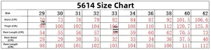 Detailed size chart for men's graffiti jeans with measurements for waist and length