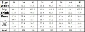 Detailed size chart for men's white camo jeans showing waist and length measurements