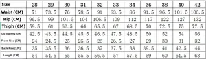 Detailed size chart for denim shorts with measurements for waist, hip, and length