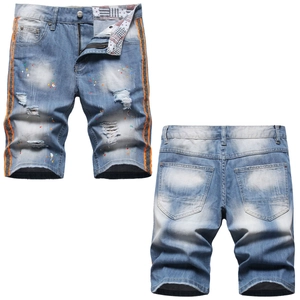 Men Fashion Denim Shorts Paint Splatter Ripped Distressed Streetwear Jean Shorts Side Stripe Summer Casual Cotton Bottoms