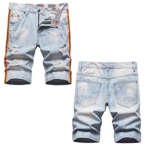 Short en Jean Déchiré Streetwear pour Hommes Bleu Clair Avec Éclaboussures de Peinture Colorées Sangle Latérale Décontracté Droit en Coton Élasthanne