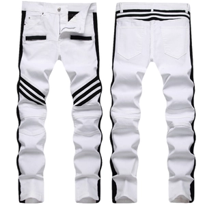 Men Biker Jeans Slim Fit Color Block Ribbed Knee Patchwork Side Stripes Streetwear Denim Pants For Men White Black