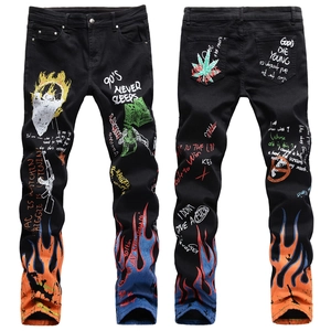 Men Black Denim Jeans Graffiti Skull Flame Print Streetwear Slim Fit Stretch Pants Vintage Hip Hop Retro Style Trousers