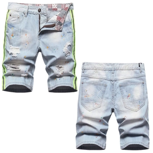 Short en Jean Décontracté pour Hommes Coton Élasthanne Déchiré Éclaboussures de Peinture Taille Moyenne Bleu Clair Avec Bande Réfléchissante Streetwear