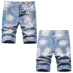 Men Streetwear Denim Shorts Light Blue Splatter Paint Distressed Whiskers Hip Hop Casual Cotton Spandex Summer Bottoms