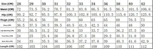 Size chart showing waist and length measurements for men's embroidered denim shorts