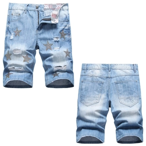 Men Denim Shorts With Star Embroidery Distressed Ripped Design Light Blue Cotton Spandex Streetwear Summer Slim Fit Jean Shorts