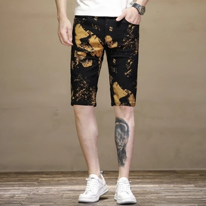 Short en Jean en Coton Streetwear pour Hommes Imprimé Graffiti Éclaboussures d'or Short Décontracté Été Hip Hop