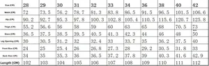Tableau des tailles détaillé pour jeans slim peints à la main avec mesures de la taille 28 à 42