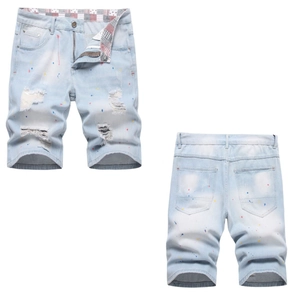 Men Distressed Denim Shorts Paint Splatter Ripped Light Blue Cotton Blend Mid Waist Streetwear Fashion Jean Shorts
