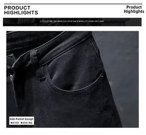 Detailed close-up of side pocket and water-washed texture on black slim fit denim jeans