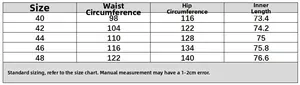 Detailed size chart for men's white slim straight jeans showing waist and hip measurements