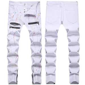 Herren Slim Fit Weißer Denim Jeans Mit Farbspritzern Reißverschluss Dekor Street Fashion Stacked Bleistifthose